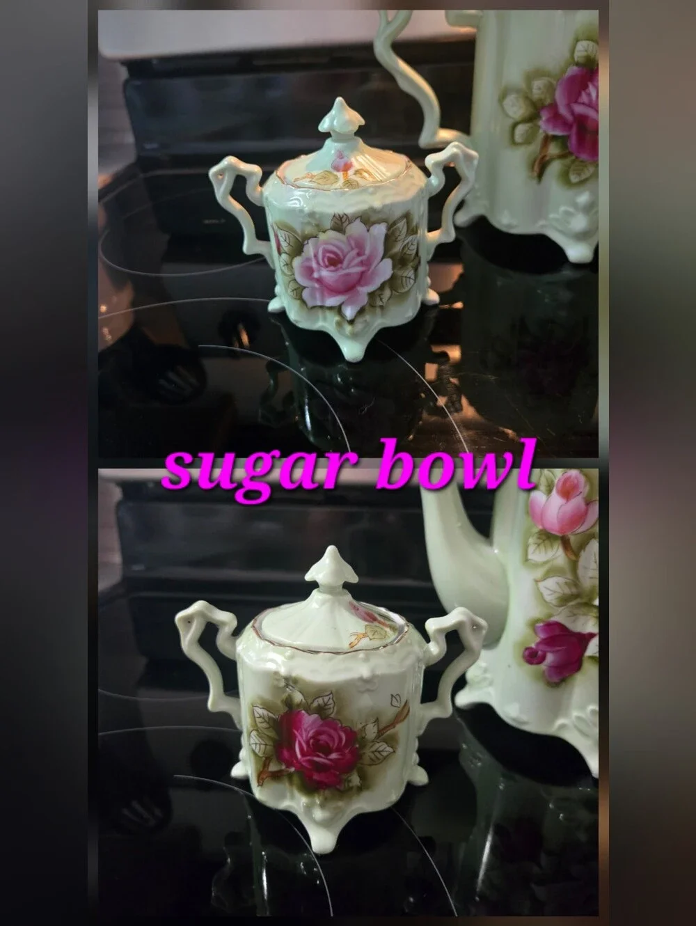 Vintage Lefton Green Heritage Porcelain Tea Set with Handpainted Pink Roses
